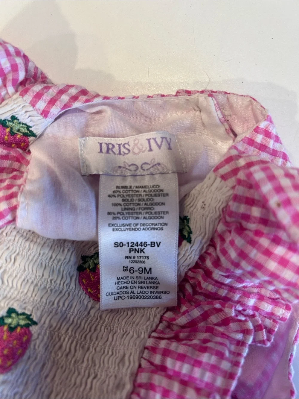 iris & ivy Pink Gingham Strawberry Embroidered Baby One-Piece